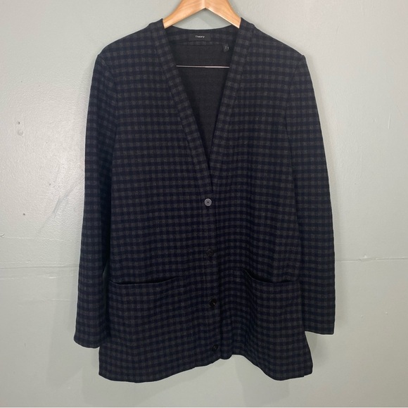 Theory Slit‎ Cardigan Gingham Navy Gray Sweater Sz L - Picture 2 of 7